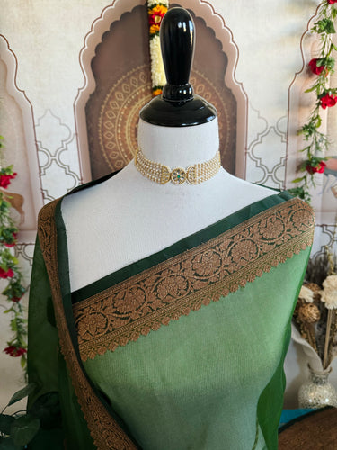 Sheer Lightweight Organza Silk Saree with Tussar Silk Border | Antique Zari | Shade of Forest Green | Handwoven | Ships from California